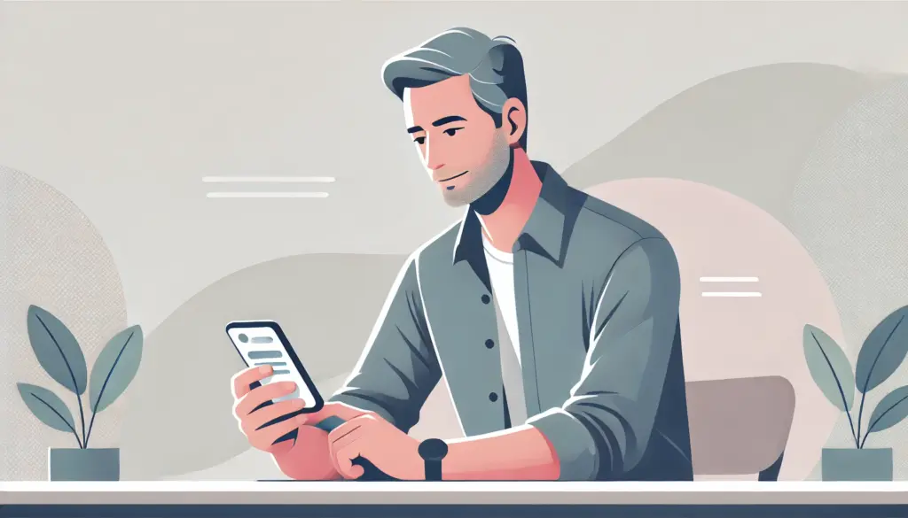 スマホでホームページを見る中年男性のフラットイラスト