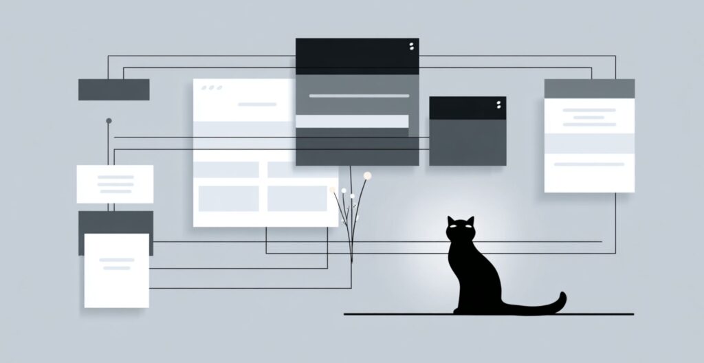 ホームページのTOP、固定ページ、投稿、Threadsを分けて考える黒猫ロデム型 Vol.1の設計図イメージ